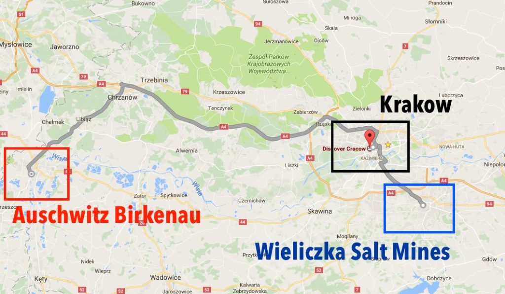 Krakow Map to Auschwitz and Wieliczka